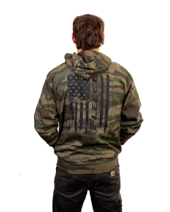 Fleece Performance green camo hoodie with flag logo on back.